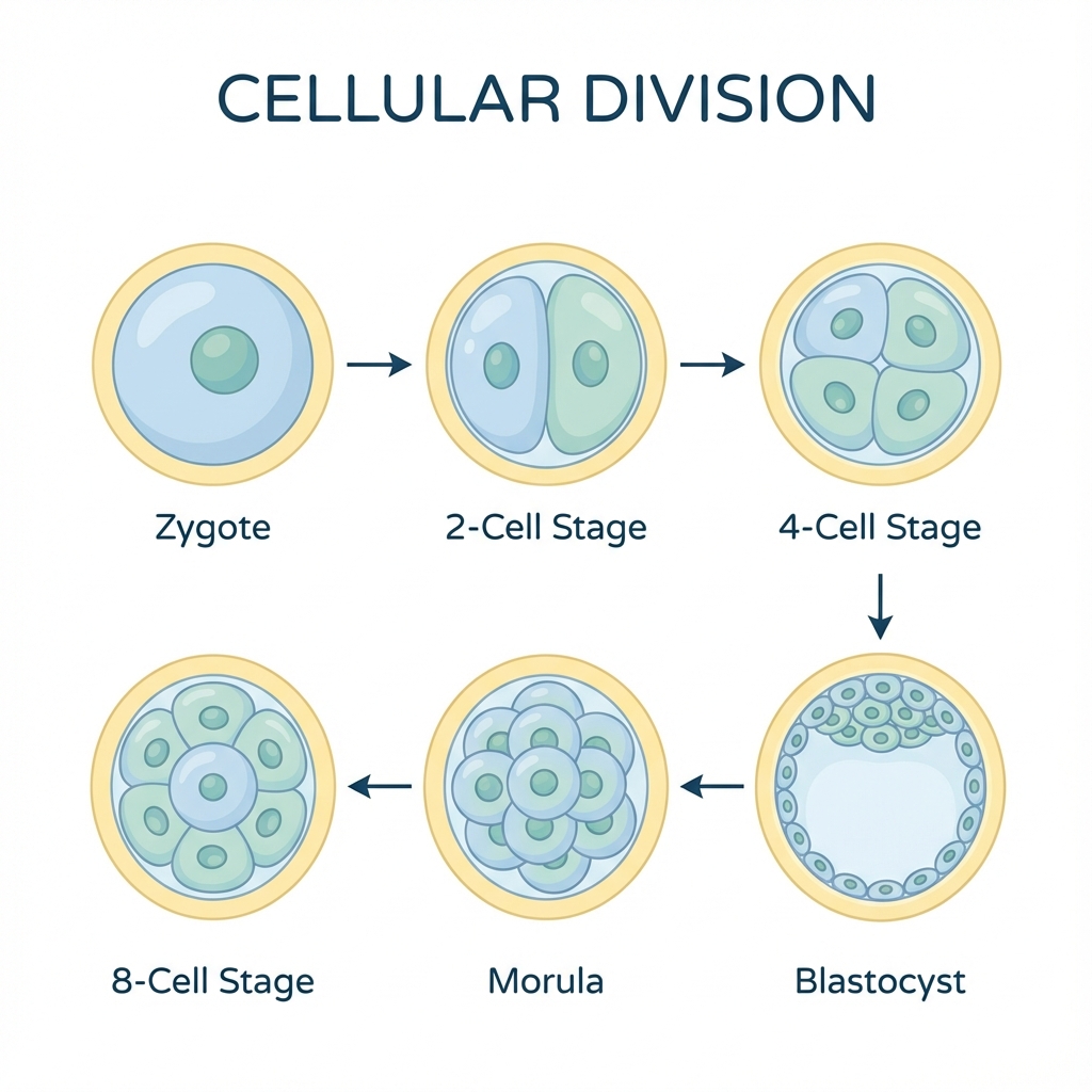 Illustration of cellular division and early embryo